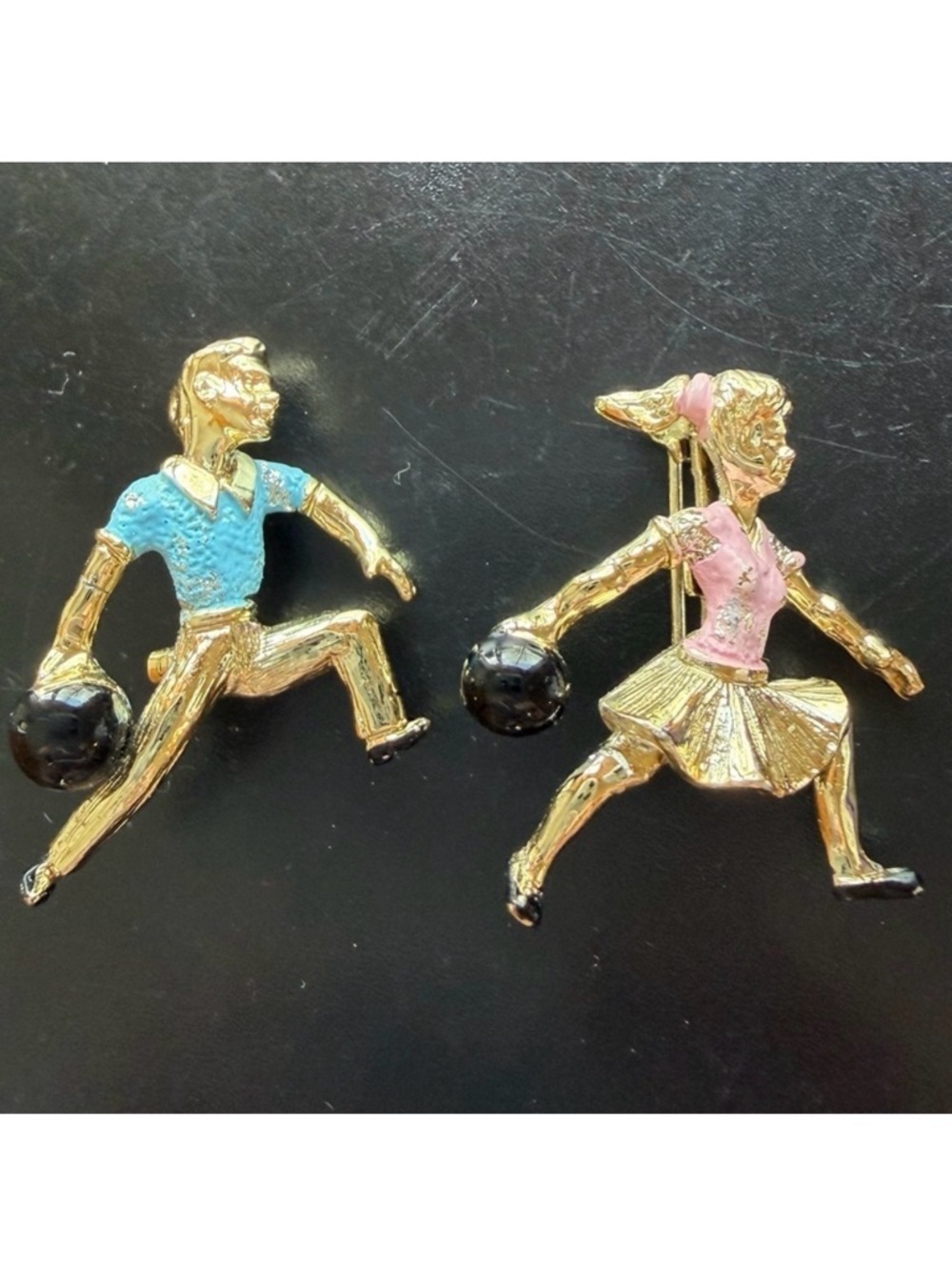 Bowling Bowlers Man Woman Couple Midcentury 50s Vintage Enamel Pins Pink Blue